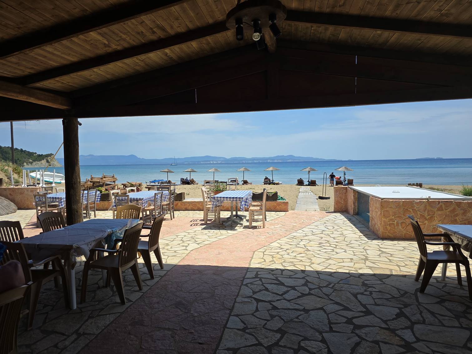A beach with tables and chairs

Description automatically generated