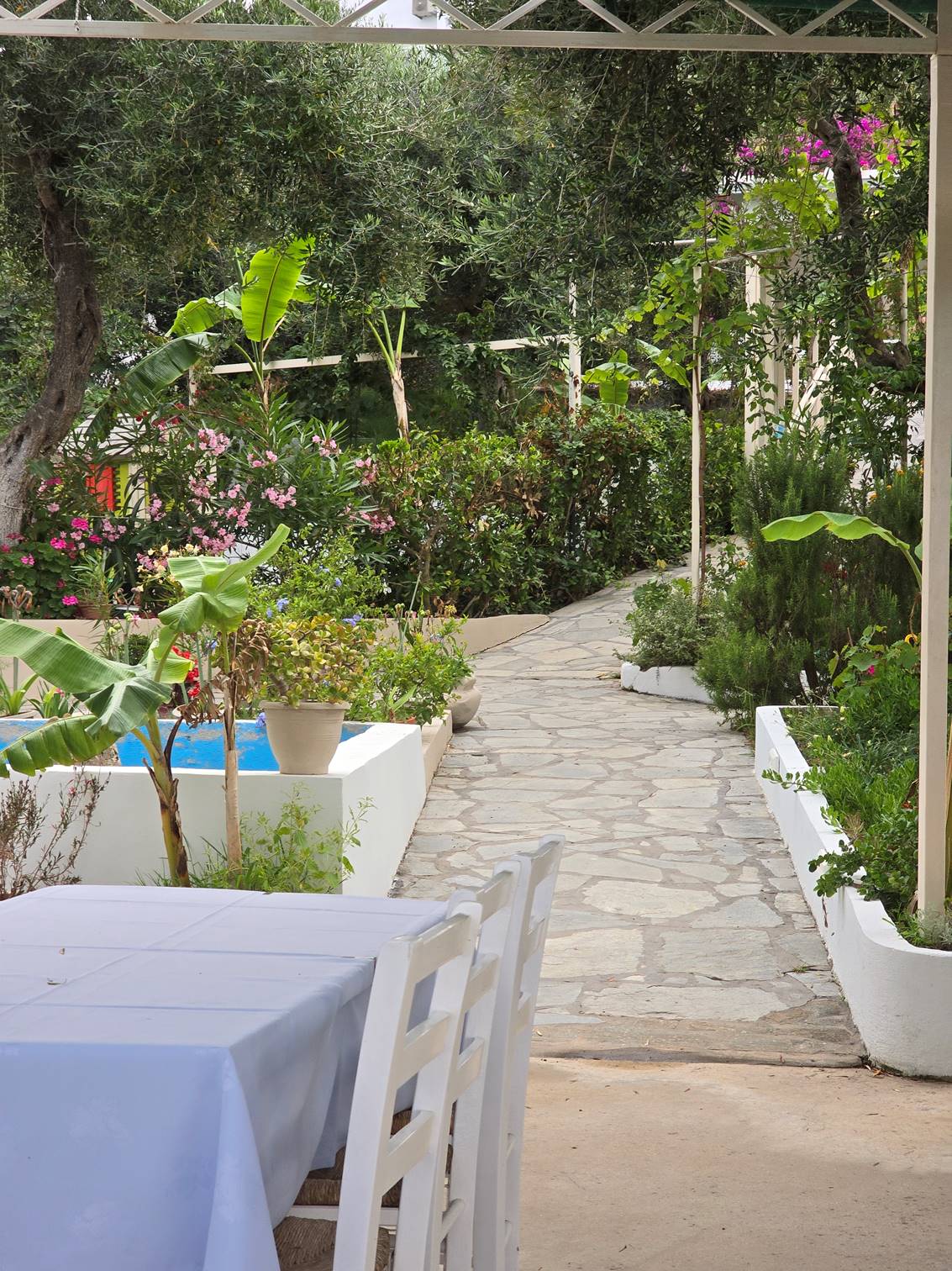 A white chair on a stone path

Description automatically generated